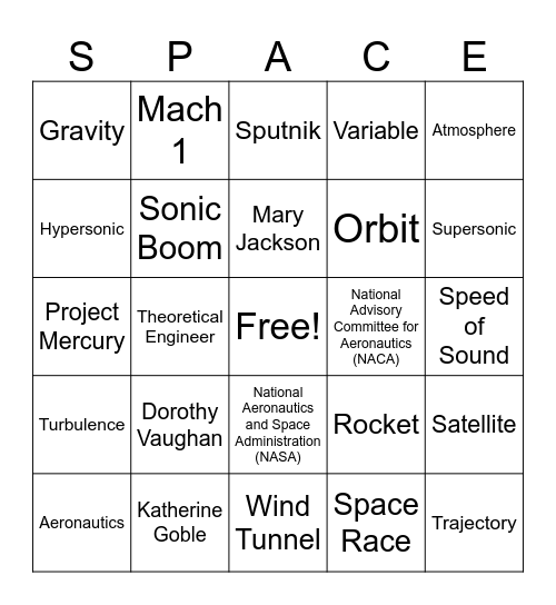 Hidden Figures Vocab Bingo Card