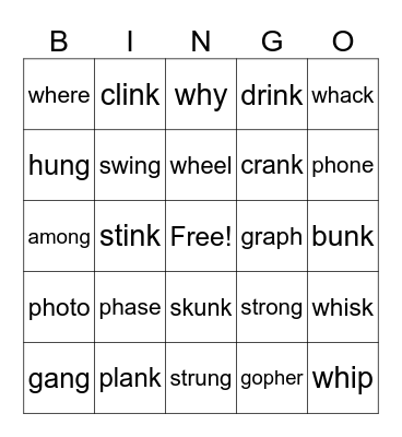 wh, ph, ng, nk digraphs Bingo Card