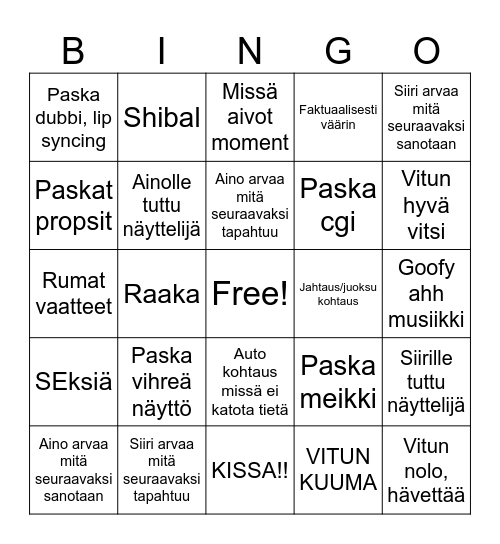 elokuva/sarja bingo Card