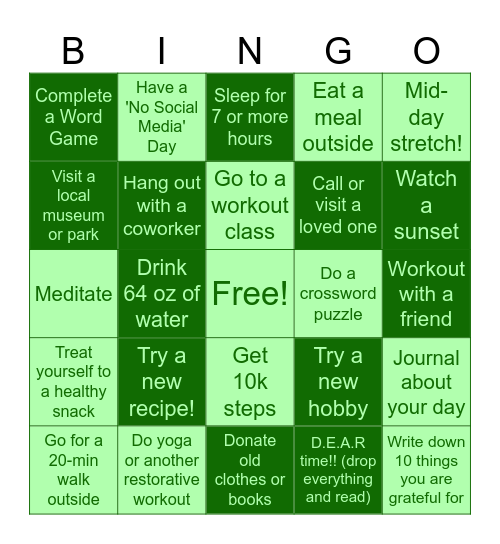 March Wellness Challenge Bingo Card