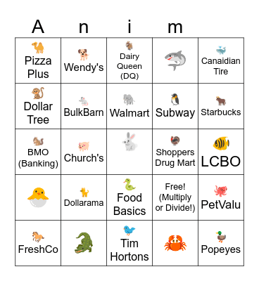 Multiplacation/Division Animal Bingo to land to a store Bingo Card