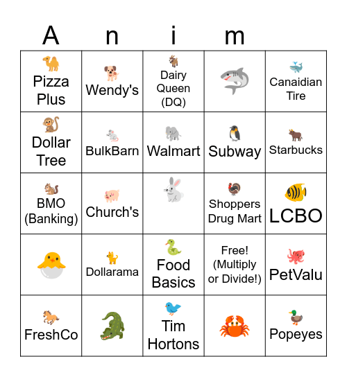 Multiplacation/Division Animal Bingo to land to a store Bingo Card