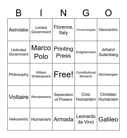 Vocabulary: Renaissance and Enlightenment Bingo Card