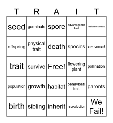 Life Cycles and Traits Bingo Card