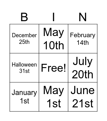 Dates and Holidays Bingo Card