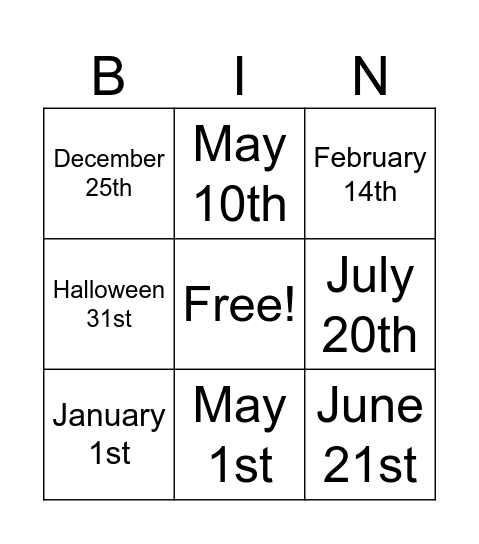 Dates and Holidays Bingo Card