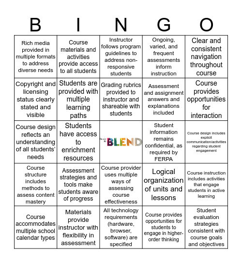 National Standards for Quality Online Courses_9 Bingo Card