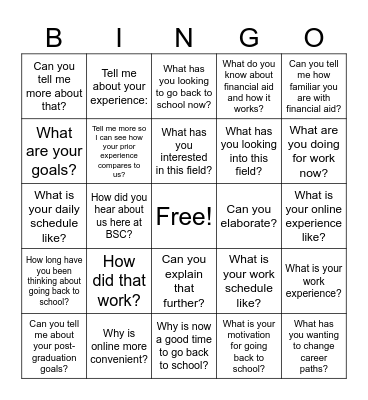 Open Ended Question's Bingo Card