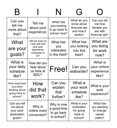 Open Ended Question's Bingo Card