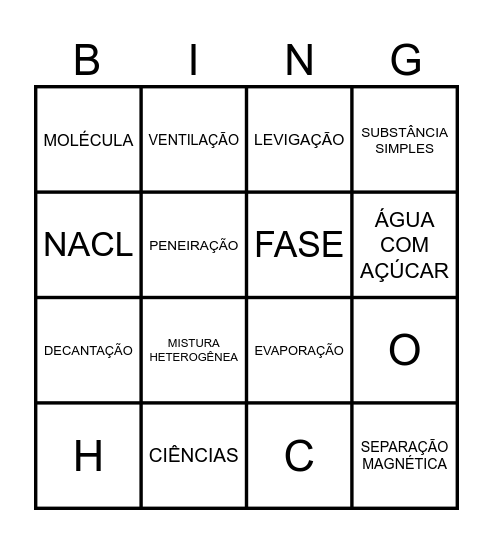 Separação de misturas Bingo Card
