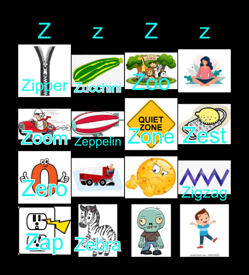 Letter Z Bingo Card