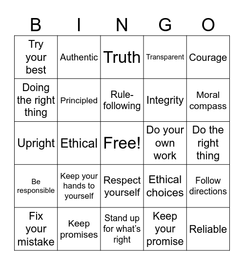 Integrity Bingo Card