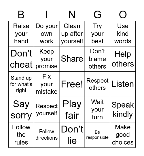 Integrity Bingo Card