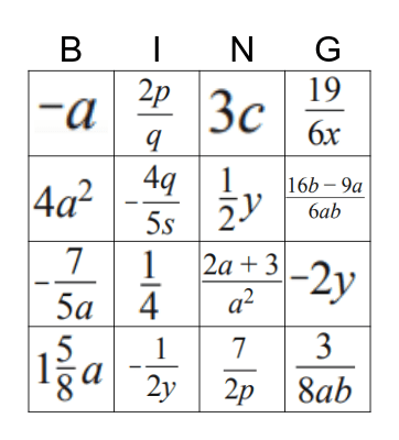 Breuken met letters herleiden BINGO Card