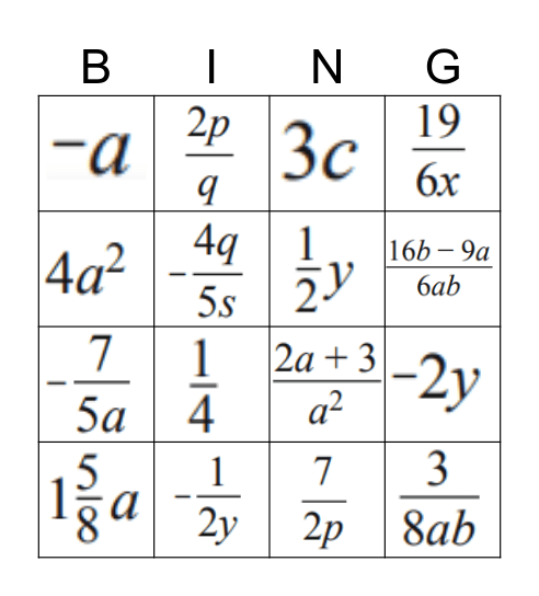 Breuken met letters herleiden BINGO Card