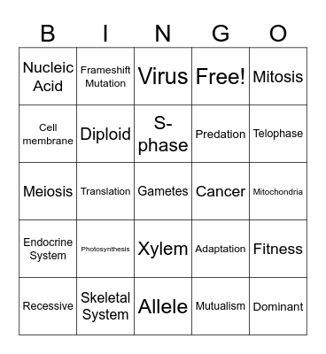 Biology Review Bingo Card