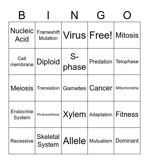 Biology Review Bingo Card