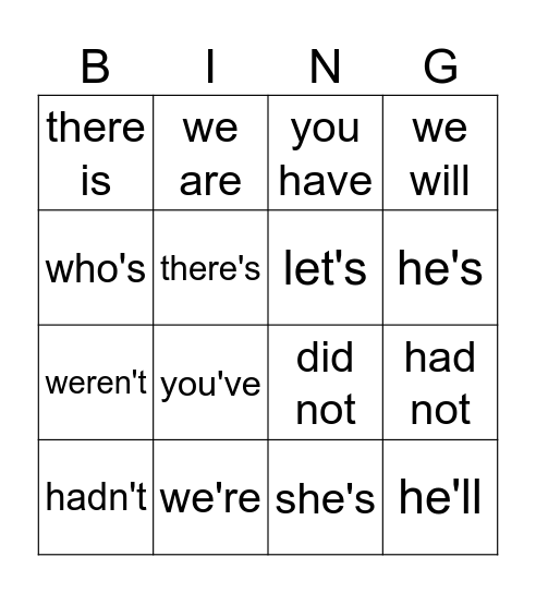 Contraction Bingo Card