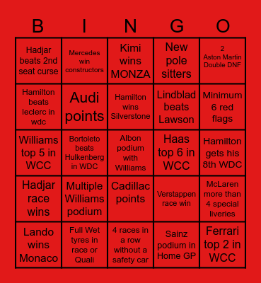 F1 2026 Bingo Card
