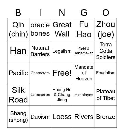 Ancient China Bingo Card