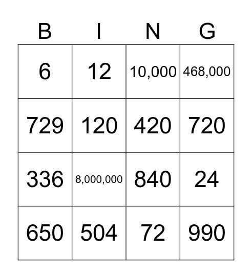 Permutations Bingo Card
