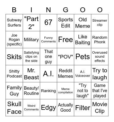 Youtube Shorts Bingo Card