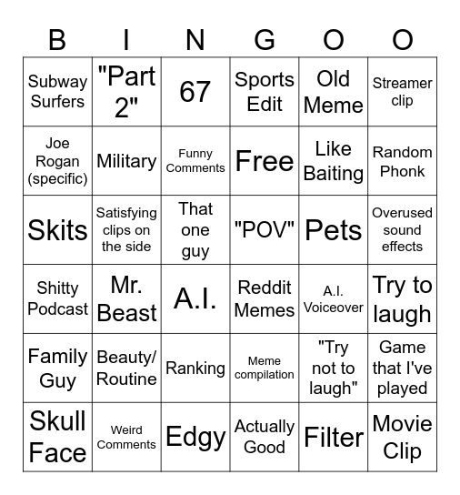 Youtube Shorts Bingo Card