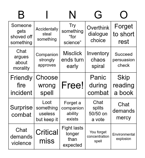 Baldur's Gate 3 Bingo Card