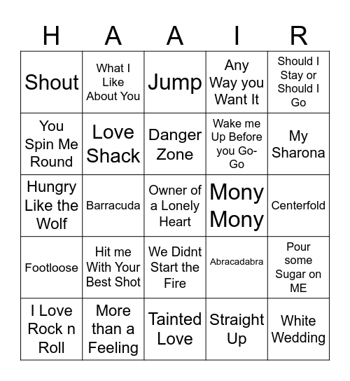 80s Mega Hits Bingo Card