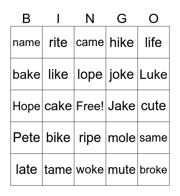 Silent E Bingo Card