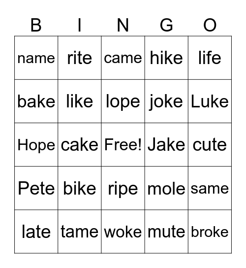 Silent E Bingo Card