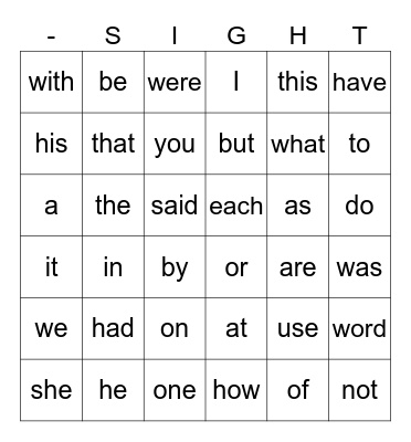 SIGHT WORDS BINGO Card