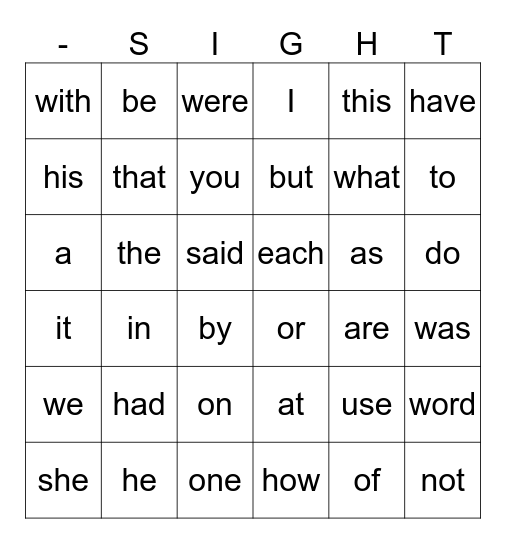 SIGHT WORDS BINGO Card
