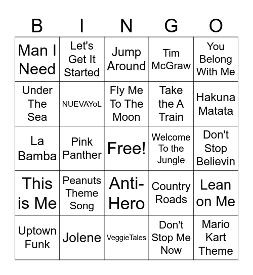 Name That Tune! Bingo Card
