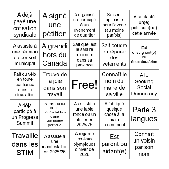 Trouvez quelqu'un qui... Bingo Card