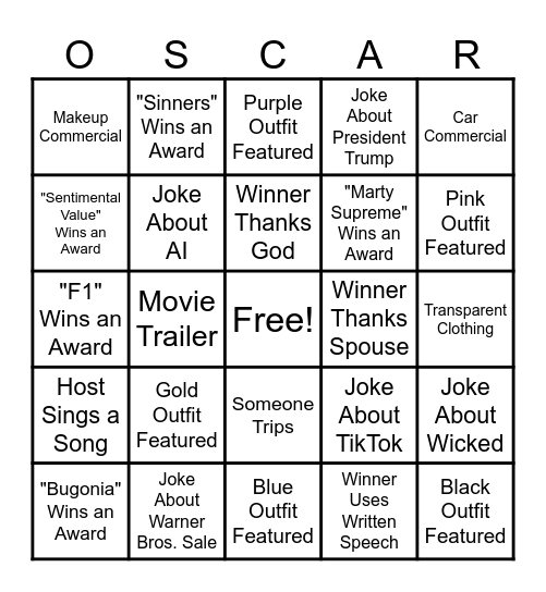 OSCARS 2026 BINGO Card