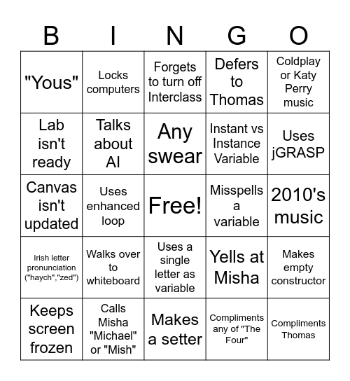 Comp Sci Bingo Card