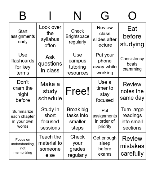 Academic Bingo Night Bingo Card