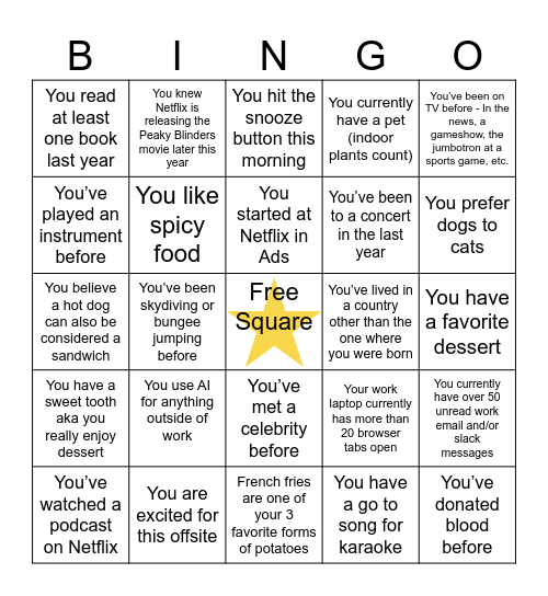 Offsite Icebreaker Bingo Card