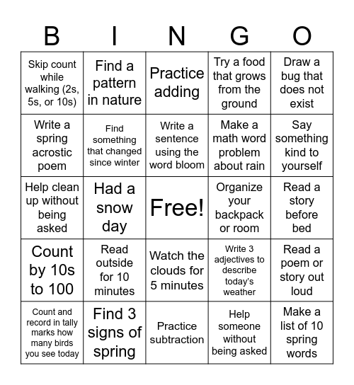 LearnAbility Spring Bingo Card Bingo Card