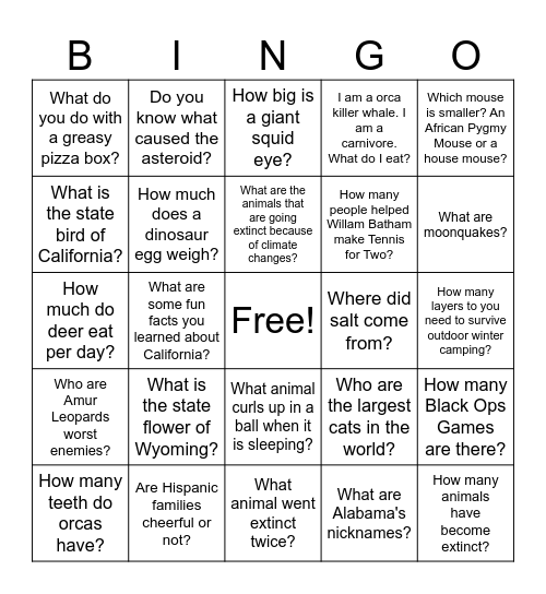 Writing Bingo Card