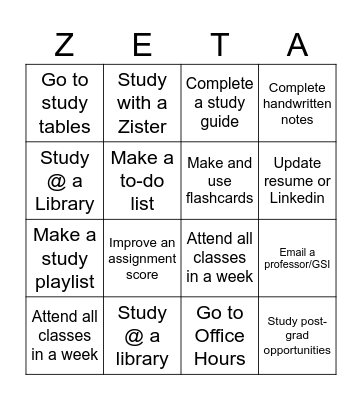 Zeta Study Bingo Card! Bingo Card