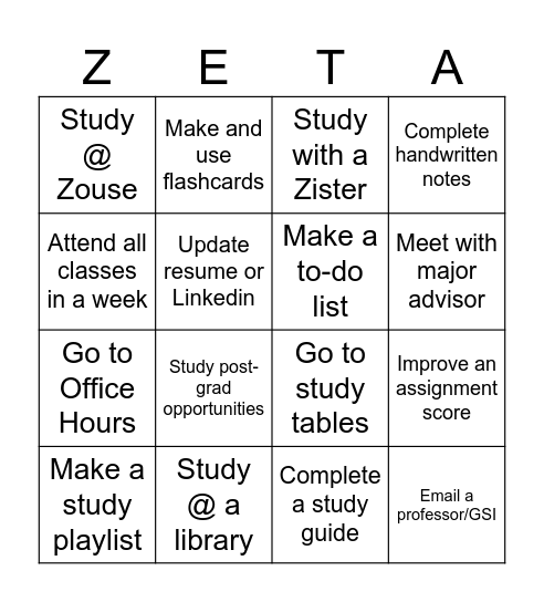 Zeta Study Bingo Card! Bingo Card