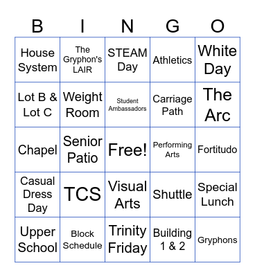 Trinity Lingo Bingo Card