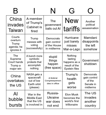 2026 Geopolitics Bingo Card