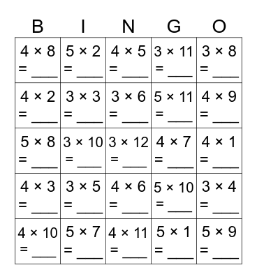 Multiplication Facts 3-5 Bingo Card