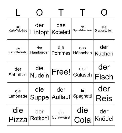 Abendessen Bingo Card