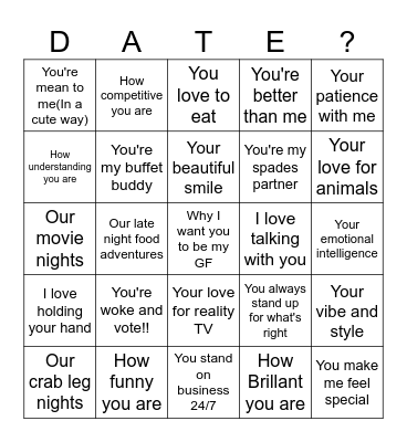 In Love with Ashley Bingo Card