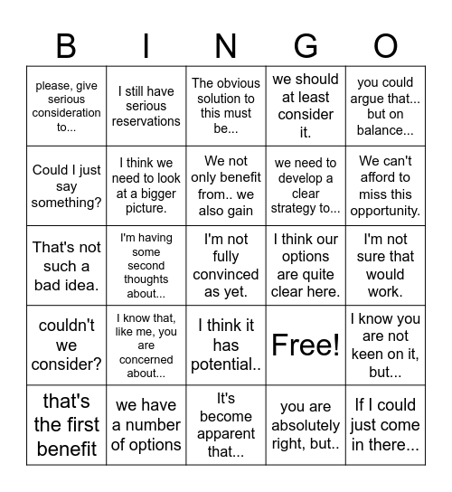 Key expressions for a Business Meeting Bingo Card