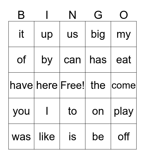 Sight Word Game Bingo Card